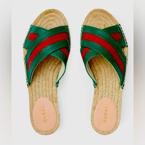 GUCCI Calfskin Perforated Web Espadrille Sandals Red Green Size EU 37.5